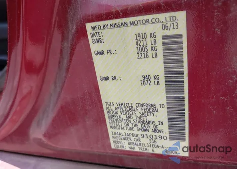 2013 Nissan Altima 2.5 S z USA, uszkodzony, nr VIN 1N4AL3AP6DC910190